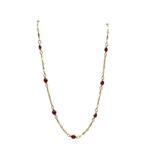Vintage Gold Tone Station Necklace With Red Crystal Accents 19 in - Picture 1 of 4